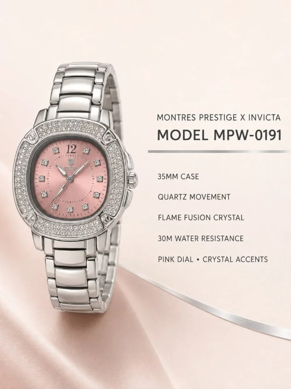 Montres Prestige x Invicta MPW-0191 Pink Crystal Watch 35mm NIB